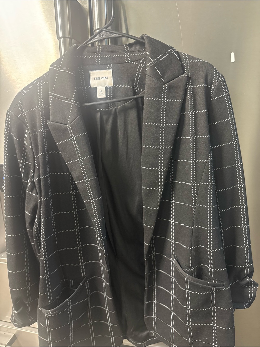 Nine West Black Windowpane Check Open-Front Blazer